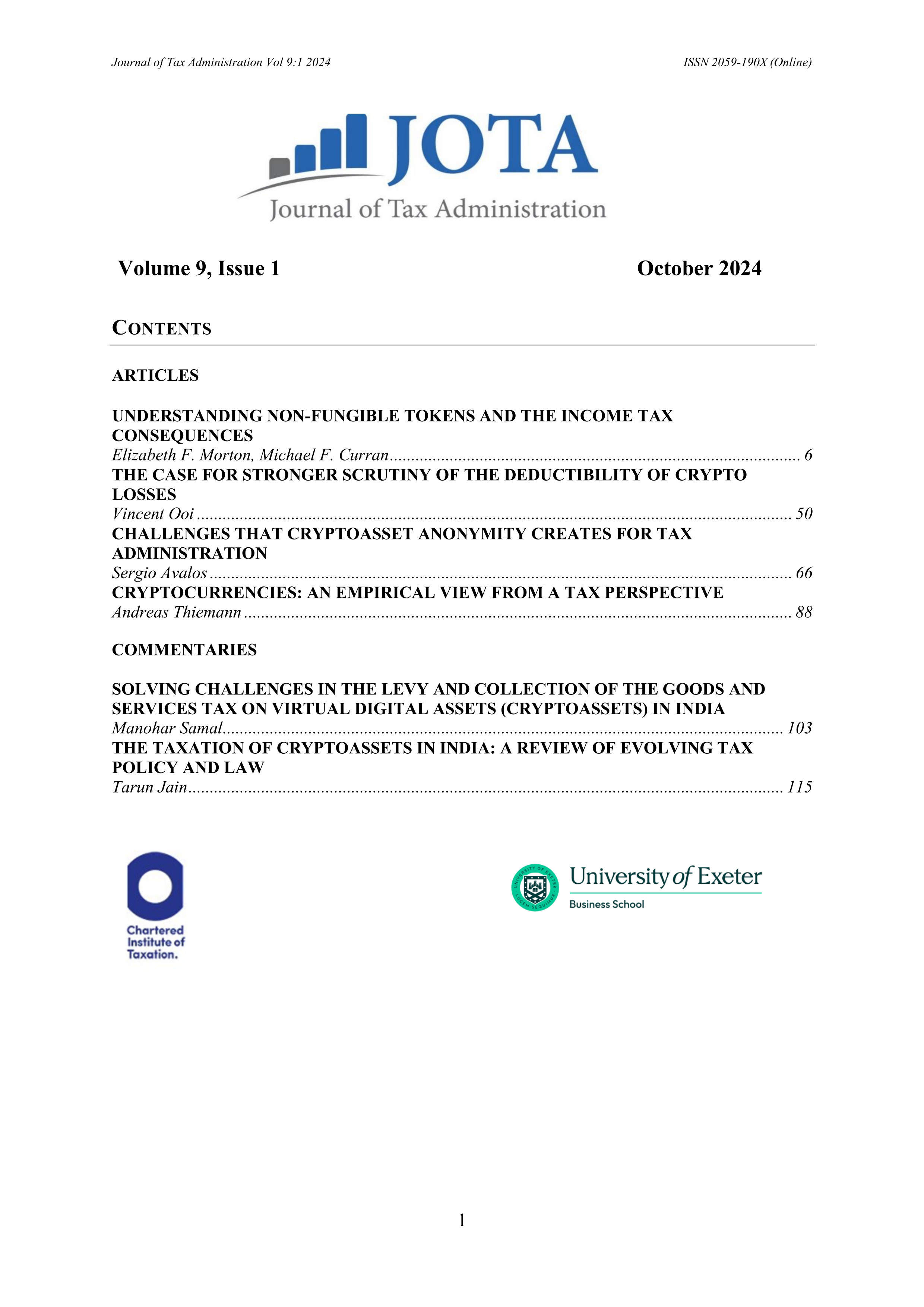 Volume 9.1 of JOTA - Cover
